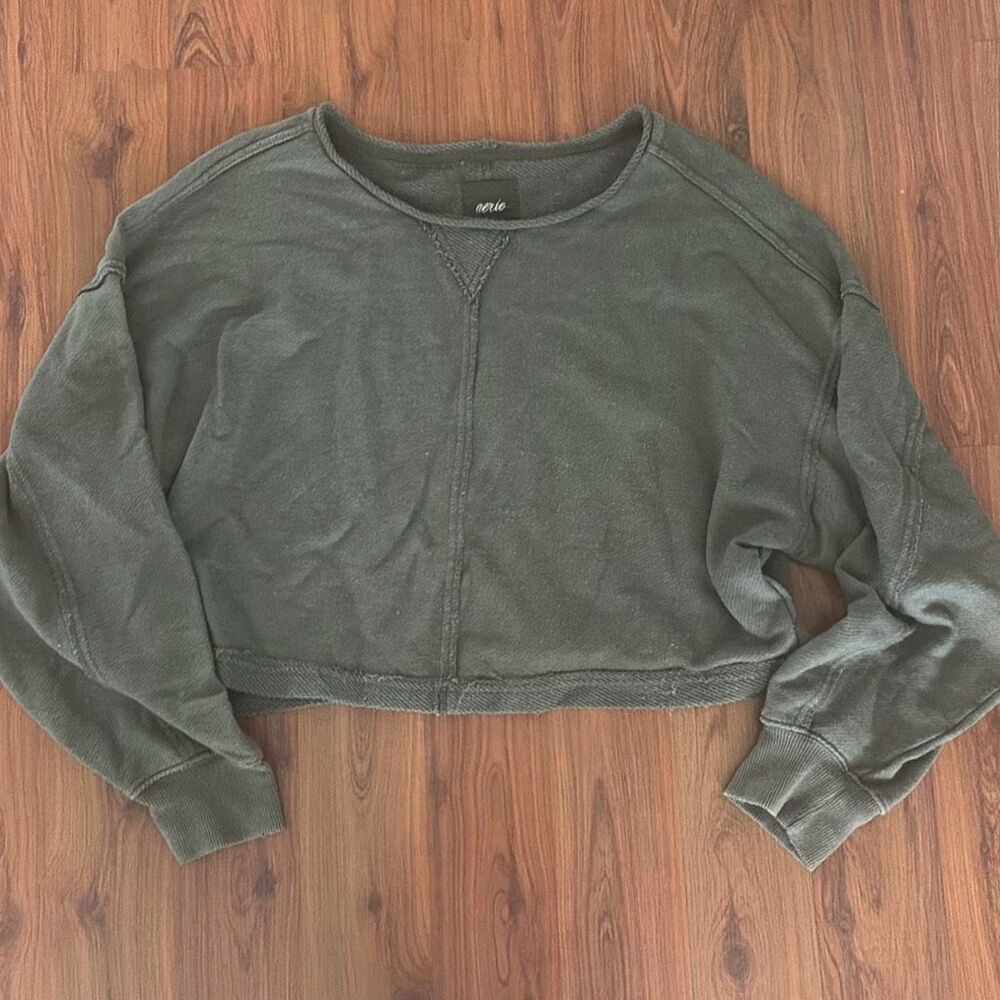 aerie olive green raw edge cropped oversize sweatshirt size L